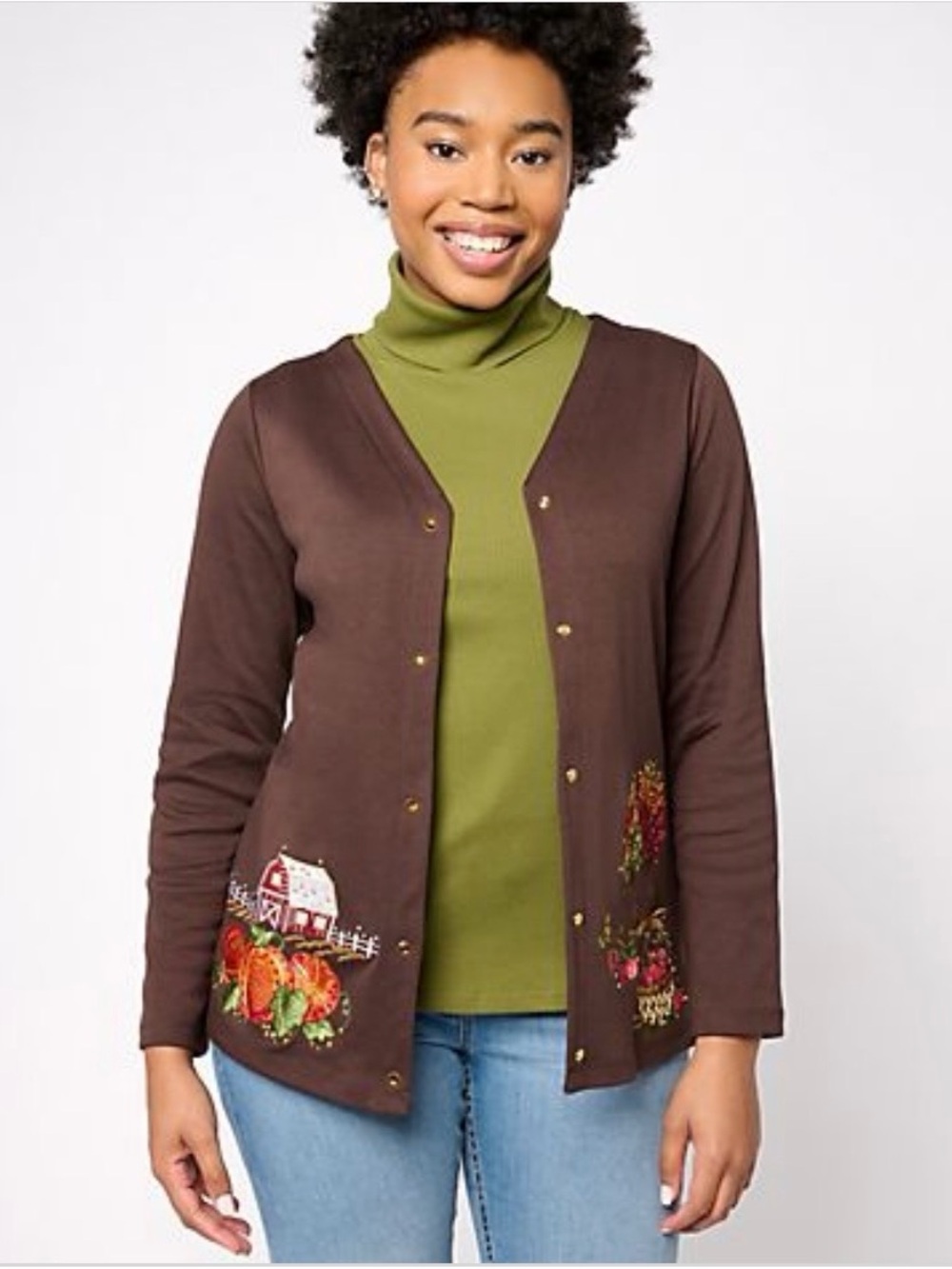 Quacker Factory Brown Embroidered Snap-Front Cardigan